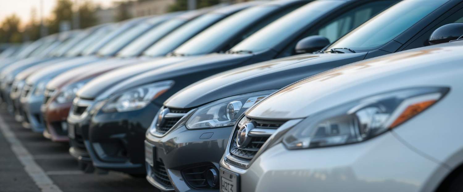 Autos in einer Reihe, die gereinigte Front der Autos ist am frühen morgen am besten zu erkennen.