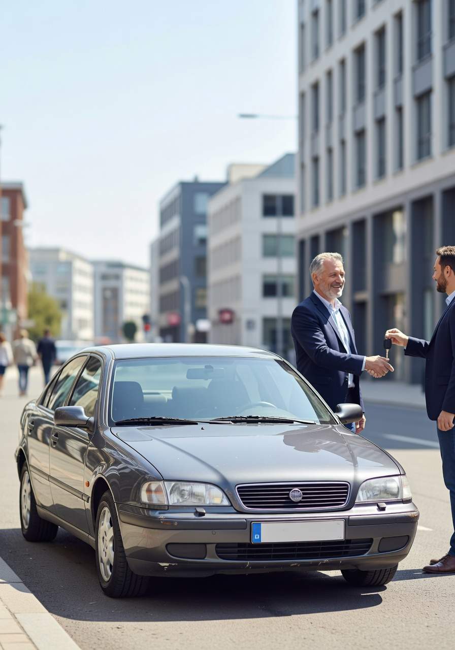 Team in Herdecke, ein erfahrener Fahrzeugexperte aus Herdecke nimmt das Fahrzeug eines zufriedenen Kunden ab. Seitlich steht der Wagen neben beiden.